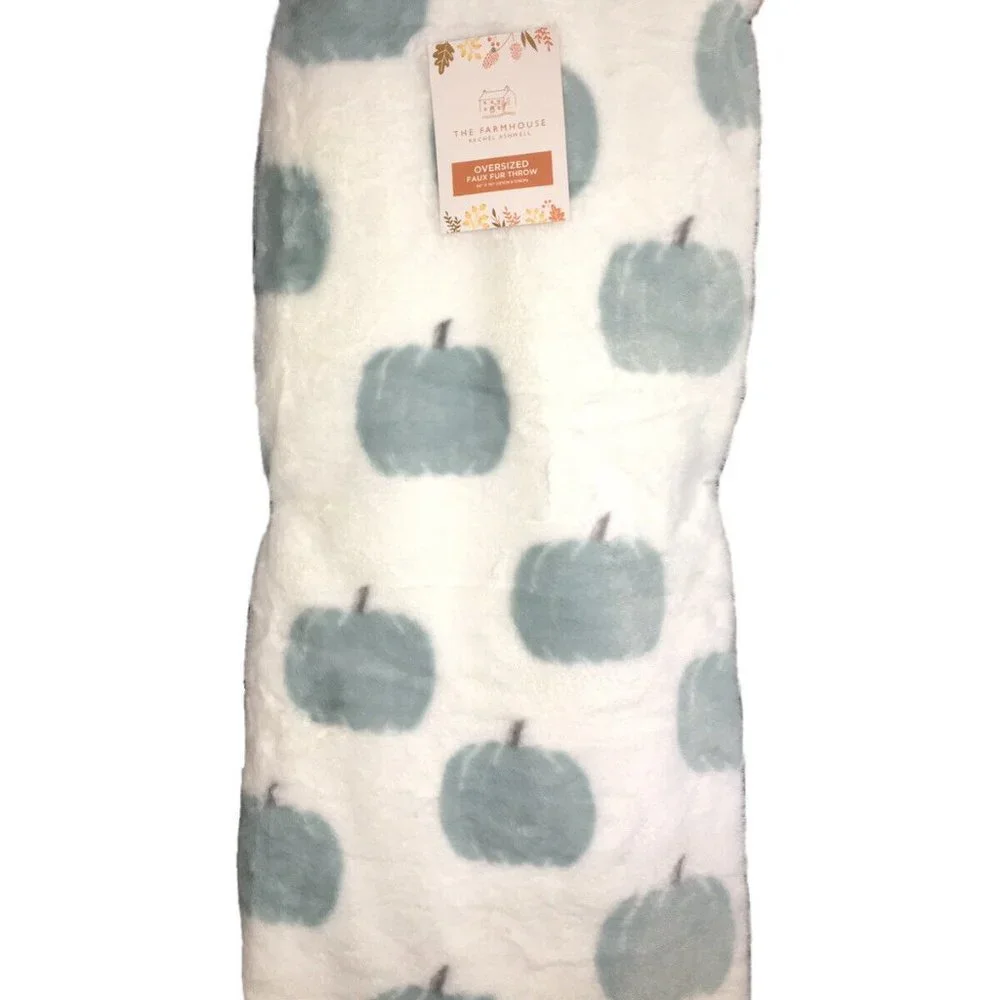 Rachel Ashwell Blue Pumpkin Faux Fur Throw Blanket Thanksgiving Fall Decor Soft